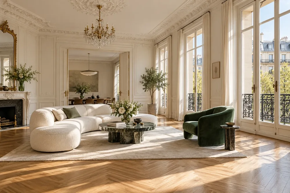 Salon de prestige, moulures, parquet et lumière naturelle — illustration