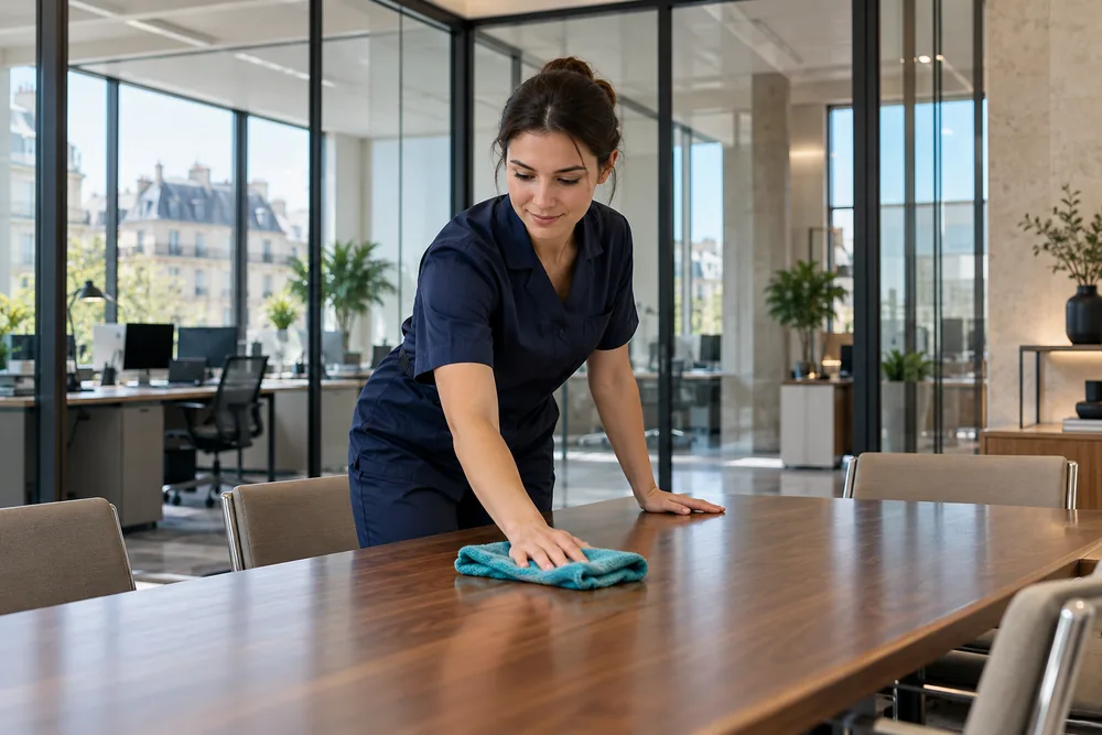 Nettoyage soigné d’une table dans des bureaux vitrés — illustration